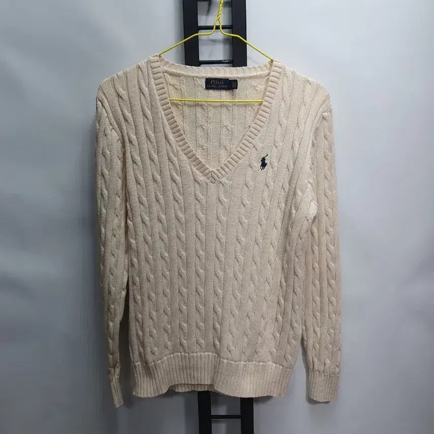 [BUNJANG] Polo Ralph Lauren Cable Knit V-Neck Sweater Ivory L / 폴로 랄프로렌 꽈배기 니트 브이넥 케이블 스웨터 아이보리 L