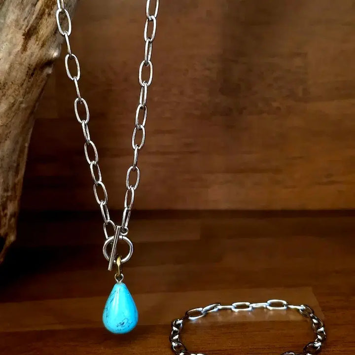 [BUNJANG] 3cross Water Drop Turquoise Point Surgical Necklace / 3크로스 물방울터키석 포인트써지컬 목걸이