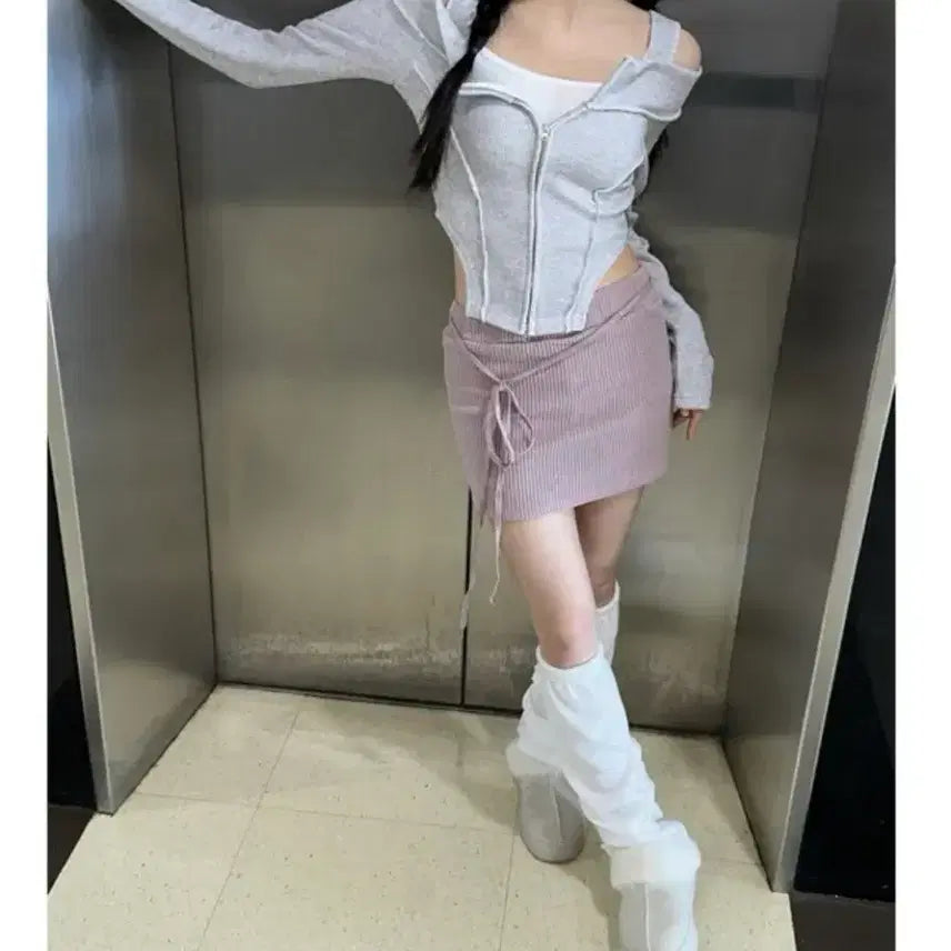 [BUNJANG] Kimiss Knit Strap Mini Skirt Pink / 에이블리 키미스-니트 끈 스트랩 미니 스커트 핑크
