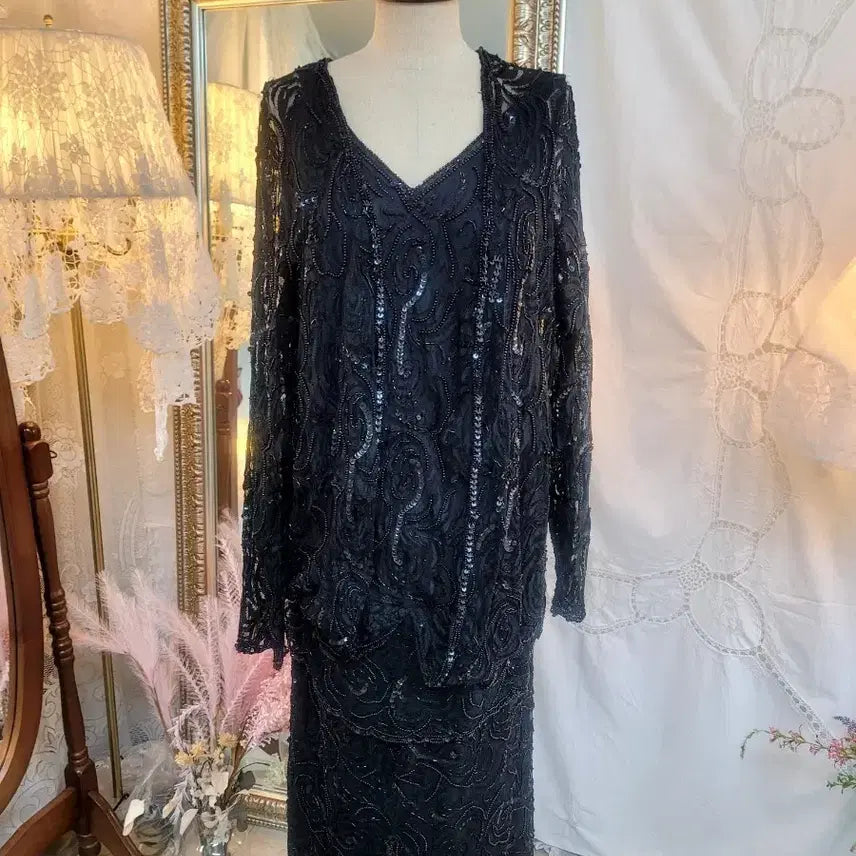 [BUNJANG] Black Lace Beaded Long Dress / 블랙레이스비즈롱드레스