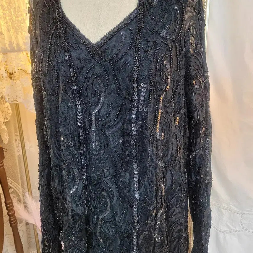 [BUNJANG] Black Lace Beaded Long Dress / 블랙레이스비즈롱드레스