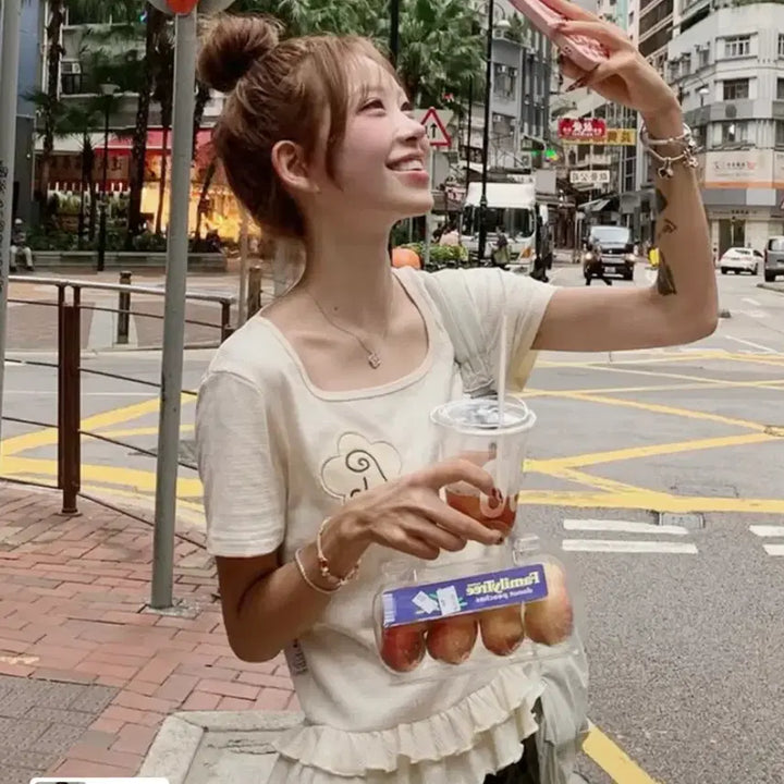 [BUNJANG] LunaKiffr Frill Layered Square Neck Short Sleeve T-Shirt / 루나키후 프릴 레이어드 스퀘어넥 반팔티 새상품