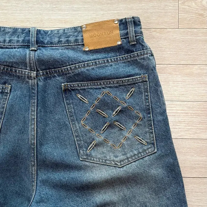 [BUNJANG] Moon Sun Argyle Hole Pocket Straight Jeans Indigo Medium Wash / (L) 문선 아가일 홀 포켓 스트레이트 팬츠 인디고 미디움 워시