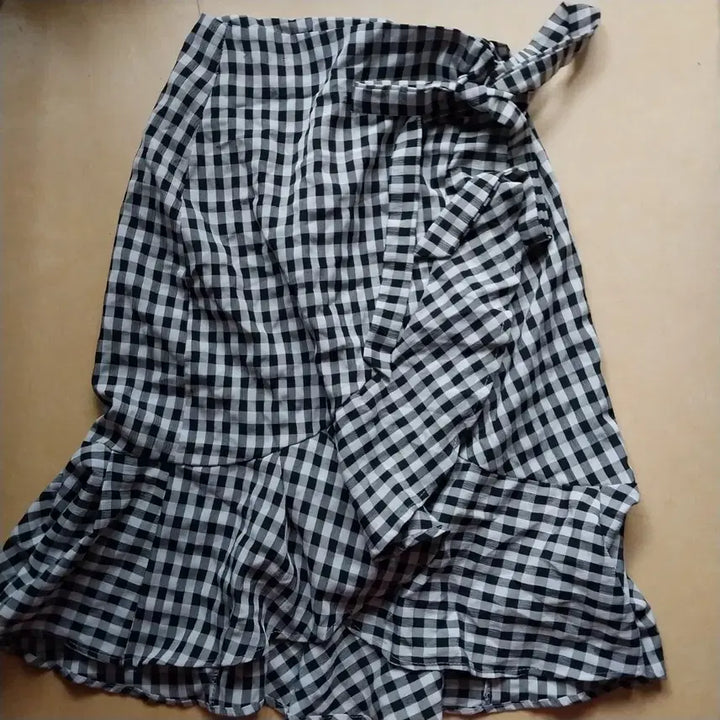 [BUNJANG] Gingham Check Wrap Skirt with Frill and Ribbon / 깅엄 체크 랩 스커트 프릴 리본