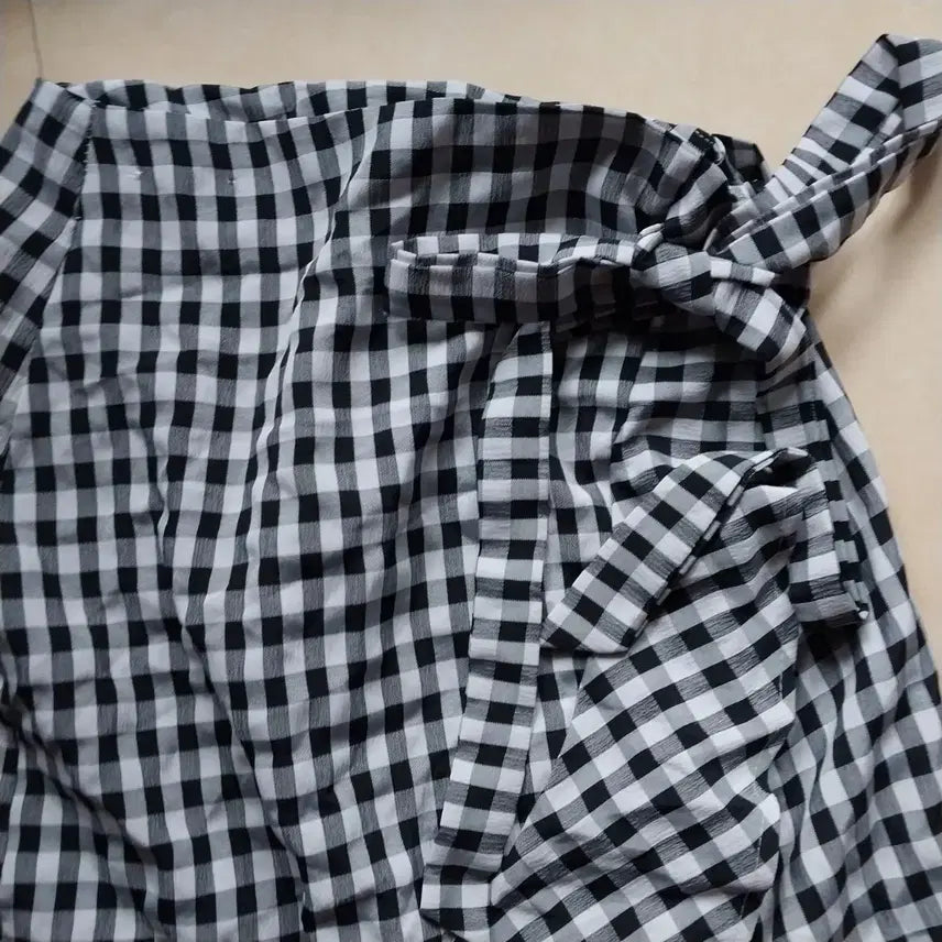 [BUNJANG] Gingham Check Wrap Skirt with Frill and Ribbon / 깅엄 체크 랩 스커트 프릴 리본