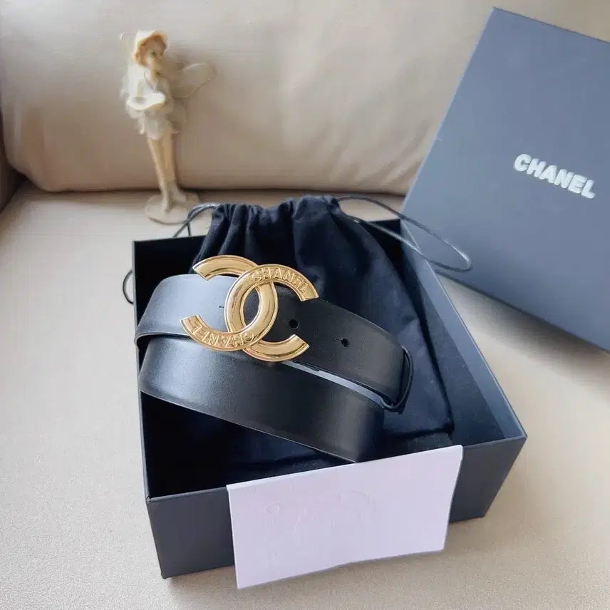 [BUNJANG] Chanel Black Leather Belt Gold Logo / 샤넬 블랙 레더 벨트 금장 로고