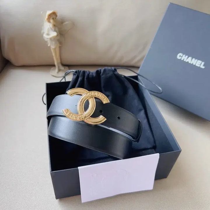 [BUNJANG] Chanel Black Leather Belt Gold Logo / 샤넬 블랙 레더 벨트 금장 로고