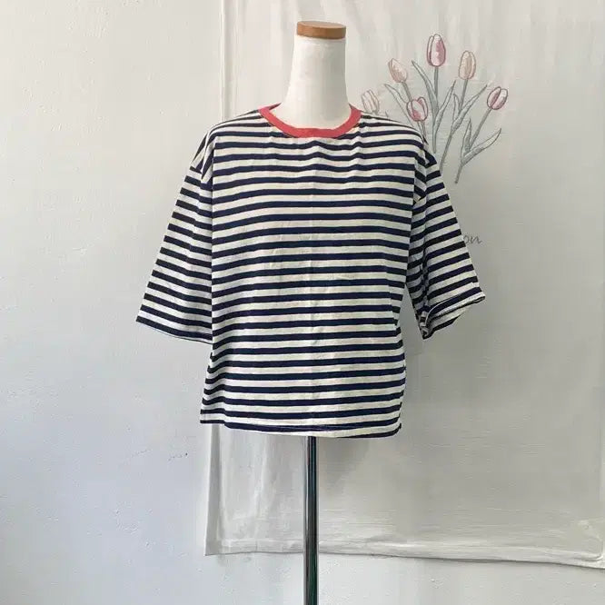 [BUNJANG] Navy Striped Short Sleeve T-shirt / 네이비 스트라이프 반팔 티셔츠