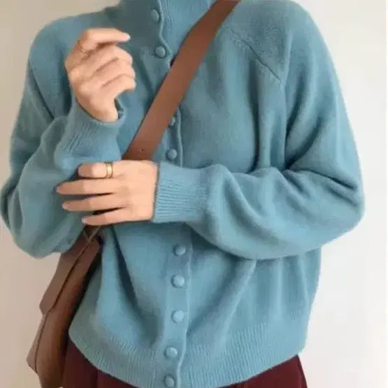[BUNJANG] Sky Blue Turtleneck Button Knit Cardigan / 터틀넥 버튼 니트 가디건 하늘색