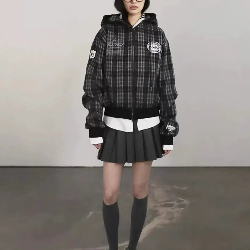 [BUNJANG] Badblood Classic Checkered Hoodie Zip-up (Black, M) / 배드블러드 클래식 체크 후드 집업 블랙 M