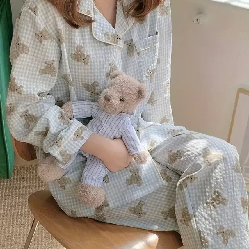 [BUNJANG] Teddy Bear Checkered Pajama Set / 테디베어 체크 긴팔 잠옷 세트