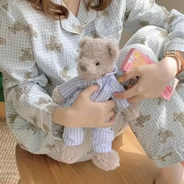 [BUNJANG] Teddy Bear Checkered Pajama Set / 테디베어 체크 긴팔 잠옷 세트
