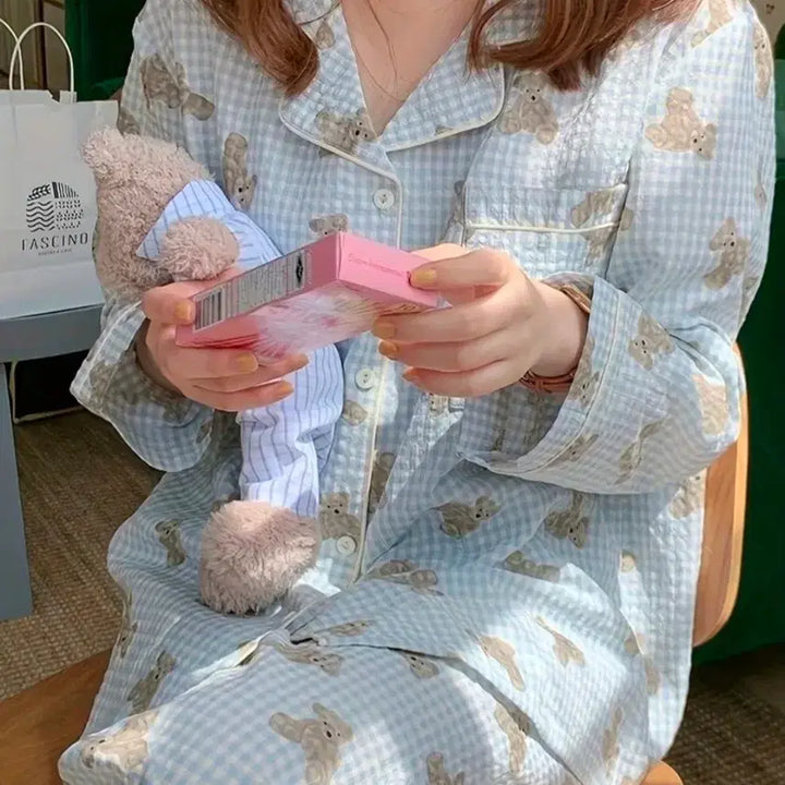 [BUNJANG] Teddy Bear Checkered Pajama Set / 테디베어 체크 긴팔 잠옷 세트