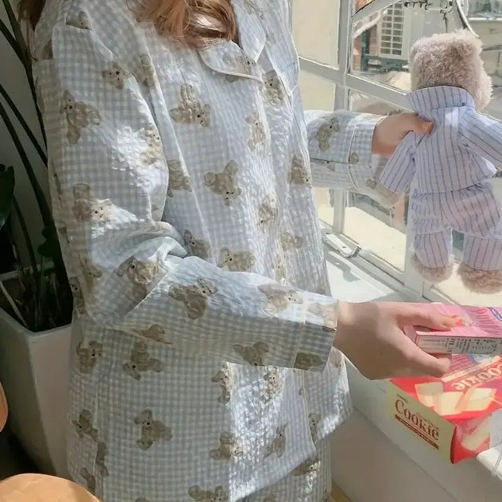 [BUNJANG] Teddy Bear Checkered Pajama Set / 테디베어 체크 긴팔 잠옷 세트