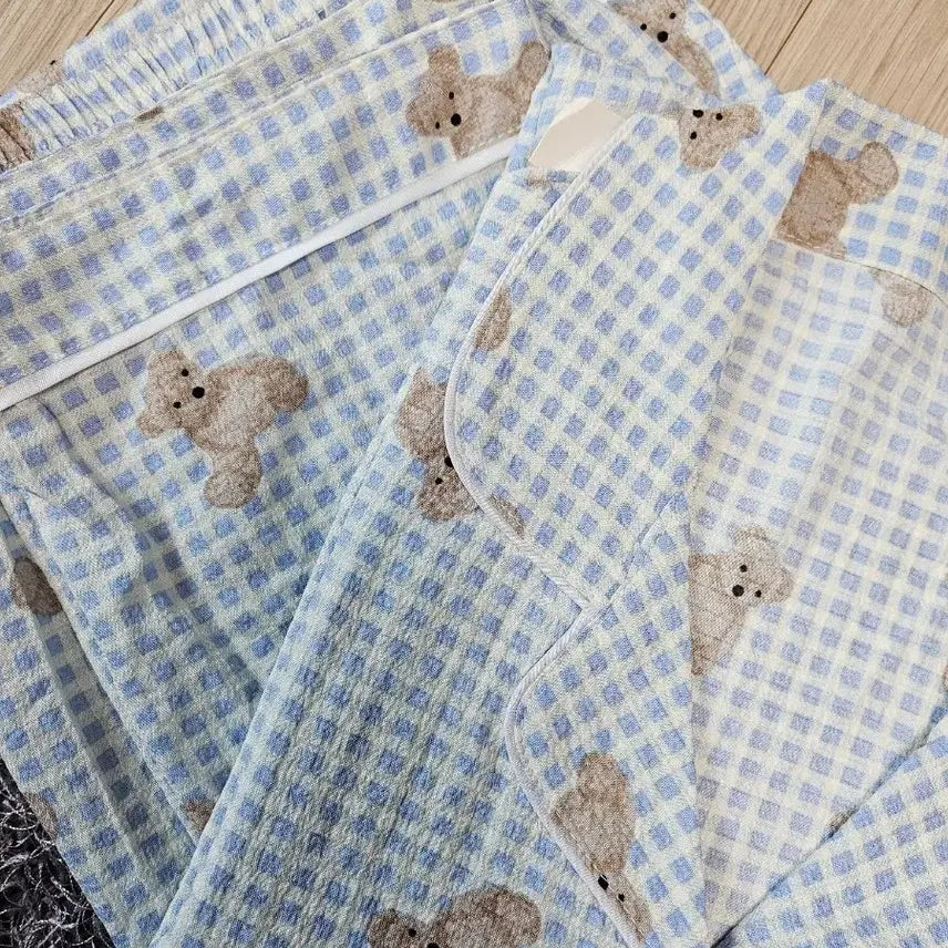 [BUNJANG] Teddy Bear Checkered Pajama Set / 테디베어 체크 긴팔 잠옷 세트