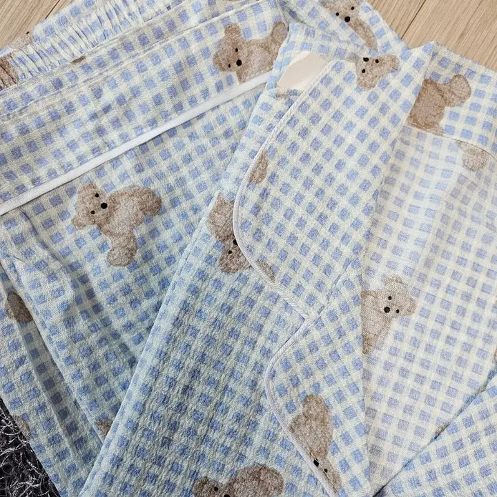 [BUNJANG] Teddy Bear Checkered Pajama Set / 테디베어 체크 긴팔 잠옷 세트