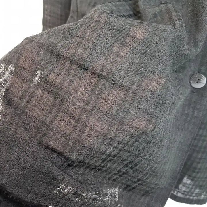 [BUNJANG] Vintage Black Checkered See-Through Long Blouse (Size L) / JPN 빈티지 검정 체크 패턴 시스루 긴팔 롱 블라우스 여L Q143