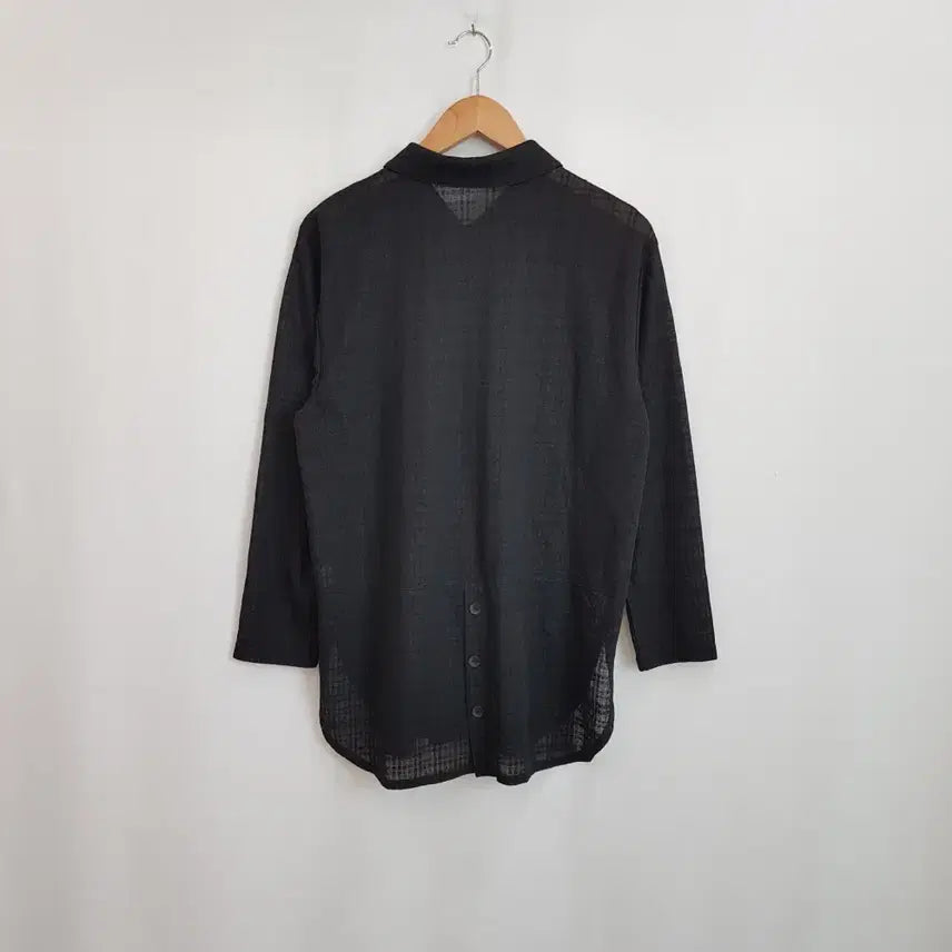 [BUNJANG] Vintage Black Checkered See-Through Long Blouse (Size L) / JPN 빈티지 검정 체크 패턴 시스루 긴팔 롱 블라우스 여L Q143