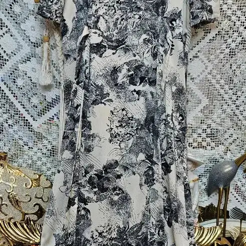 [BUNJANG] Floral Linen Long Dress / 플라워린넨 패턴 롱 원피스 반팔