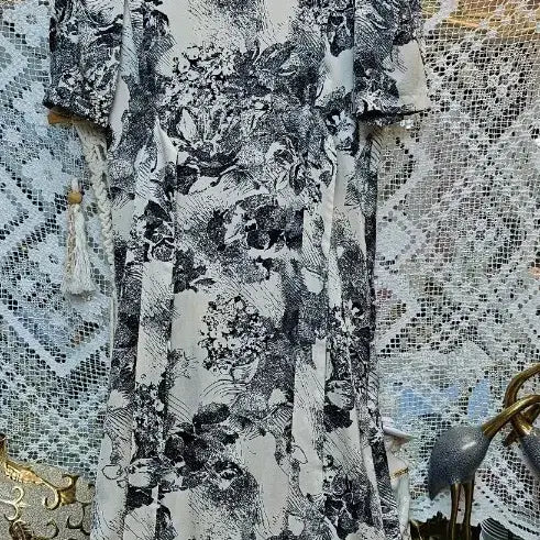 [BUNJANG] Floral Linen Long Dress / 플라워린넨 패턴 롱 원피스 반팔