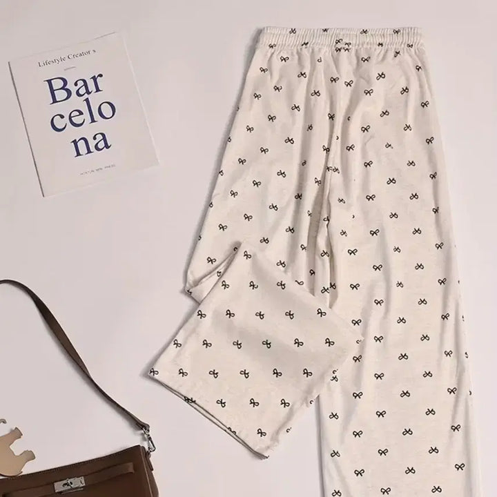 [BUNJANG] Ribbon Pattern Wide Pants (Oatmeal) / 리본 패턴 와이드 팬츠 (오트밀)