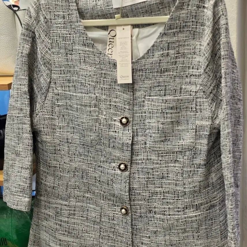 [BUNJANG] Queen Tweed Pearl Button Long Dress F / Queen 트위드 자켓 진주 버튼 원피스 F