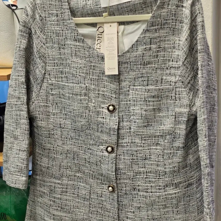 [BUNJANG] Queen Tweed Pearl Button Long Dress F / Queen 트위드 자켓 진주 버튼 원피스 F