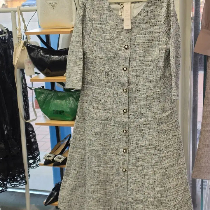 [BUNJANG] Queen Tweed Pearl Button Long Dress F / Queen 트위드 자켓 진주 버튼 원피스 F