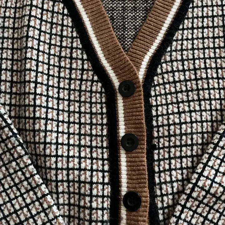[BUNJANG] Brown Check Knit Cardigan / 브라운 체크 가디건
