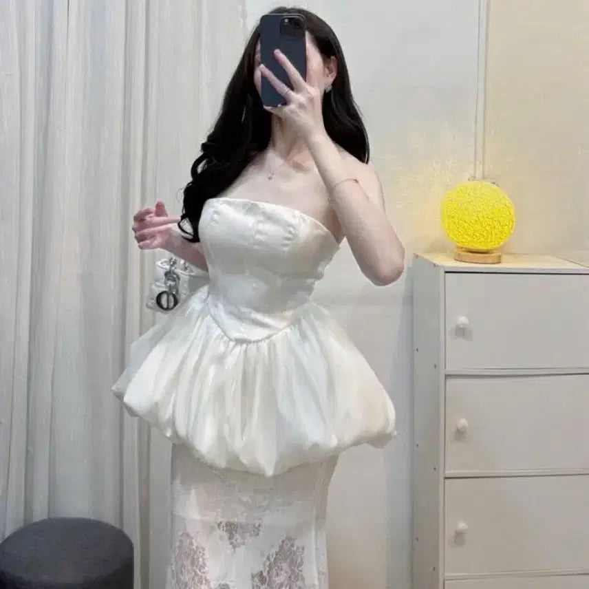 [BUNJANG] White Tube Top Lace Long Dress / 화이트 튜브탑 레이스 롱 원피스