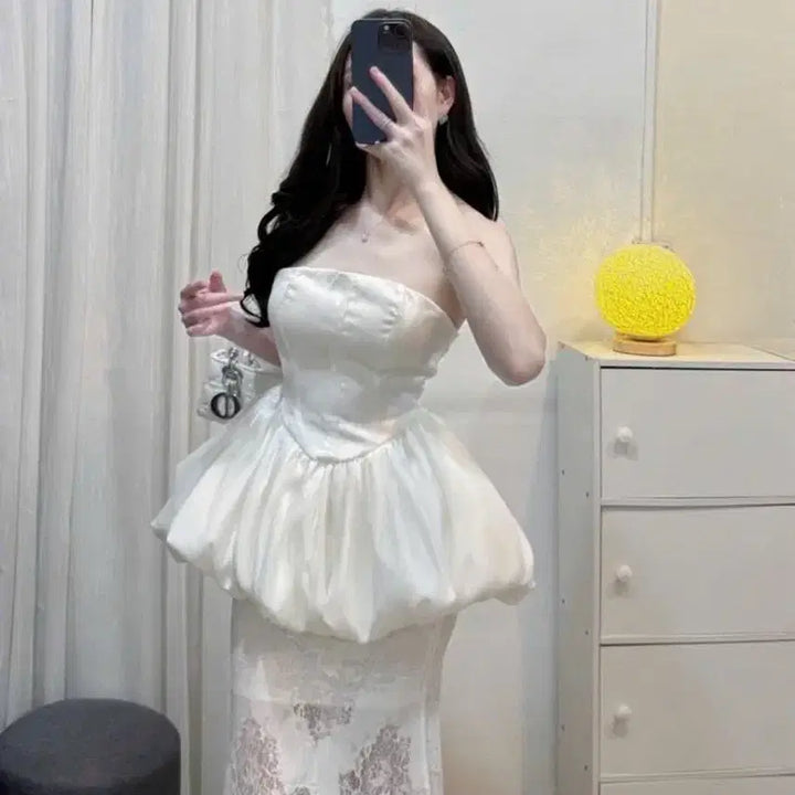 [BUNJANG] White Tube Top Lace Long Dress / 화이트 튜브탑 레이스 롱 원피스