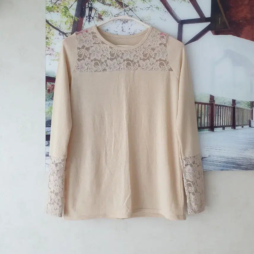 [BUNJANG] Lace Beige Knit Top / 레이스 고급 니트티 55 S (보들보들재질) 베이지