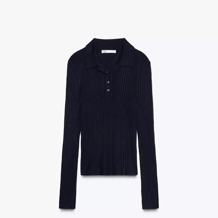 [BUNJANG] ZARA Ribbed Collar Long Sleeve Knit Navy / 자라 골지 카라 긴팔 니트 네이비