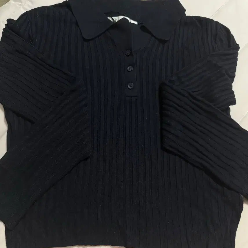 [BUNJANG] ZARA Ribbed Collar Long Sleeve Knit Navy / 자라 골지 카라 긴팔 니트 네이비
