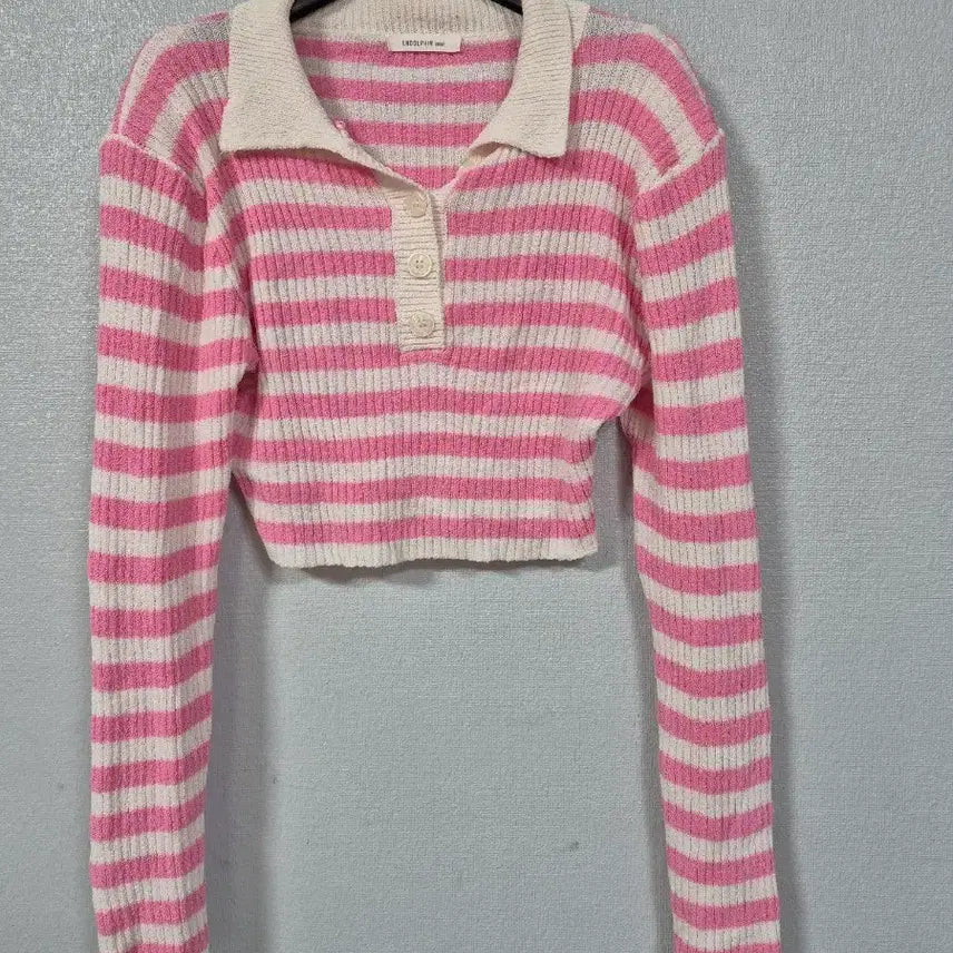 [BUNJANG] Pink Stripe Crop Knit Top / 핑크 스트라이프 크롭 니트티 55~66