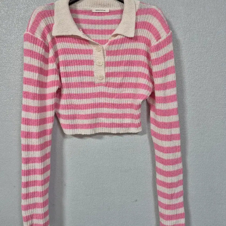 [BUNJANG] Pink Stripe Crop Knit Top / 핑크 스트라이프 크롭 니트티 55~66