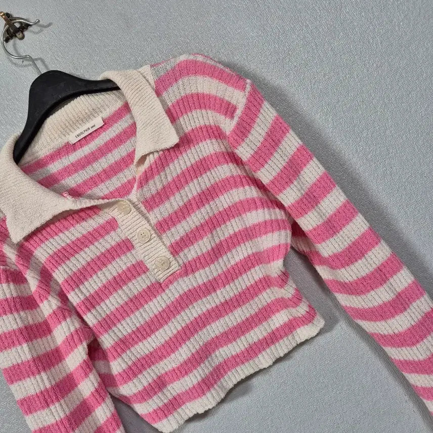 [BUNJANG] Pink Stripe Crop Knit Top / 핑크 스트라이프 크롭 니트티 55~66