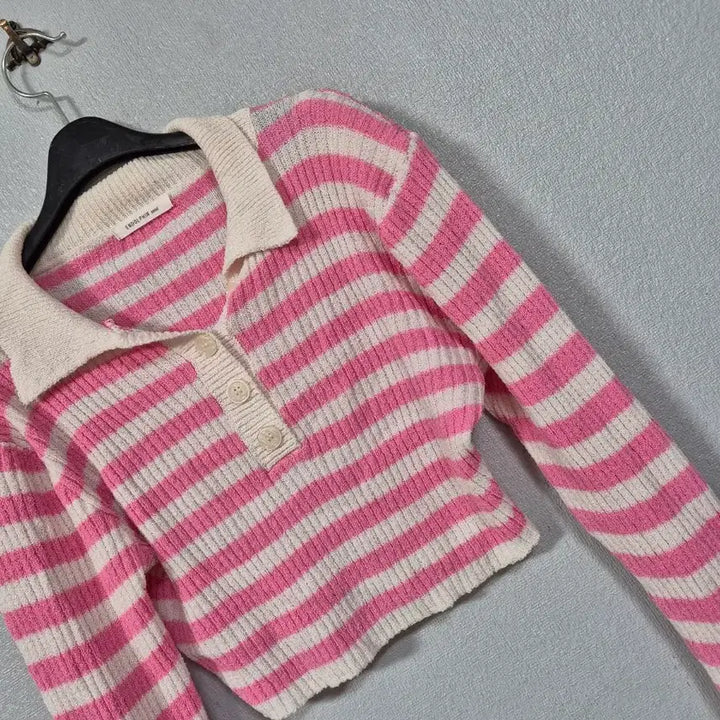 [BUNJANG] Pink Stripe Crop Knit Top / 핑크 스트라이프 크롭 니트티 55~66