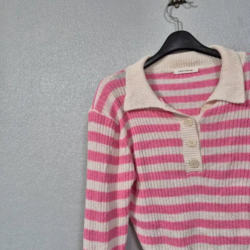 [BUNJANG] Pink Stripe Crop Knit Top / 핑크 스트라이프 크롭 니트티 55~66