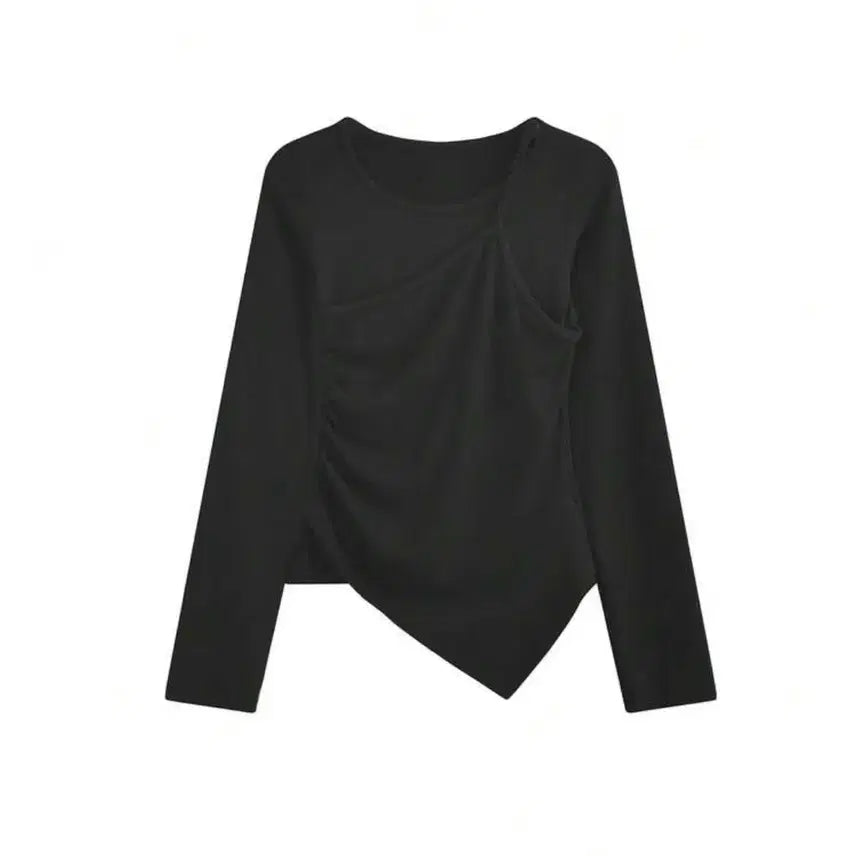 [BUNJANG] Black Shirring Asymmetrical Layered Long Sleeve T-Shirt / 블랙 셔링 언발란스 레이어드 긴팔티