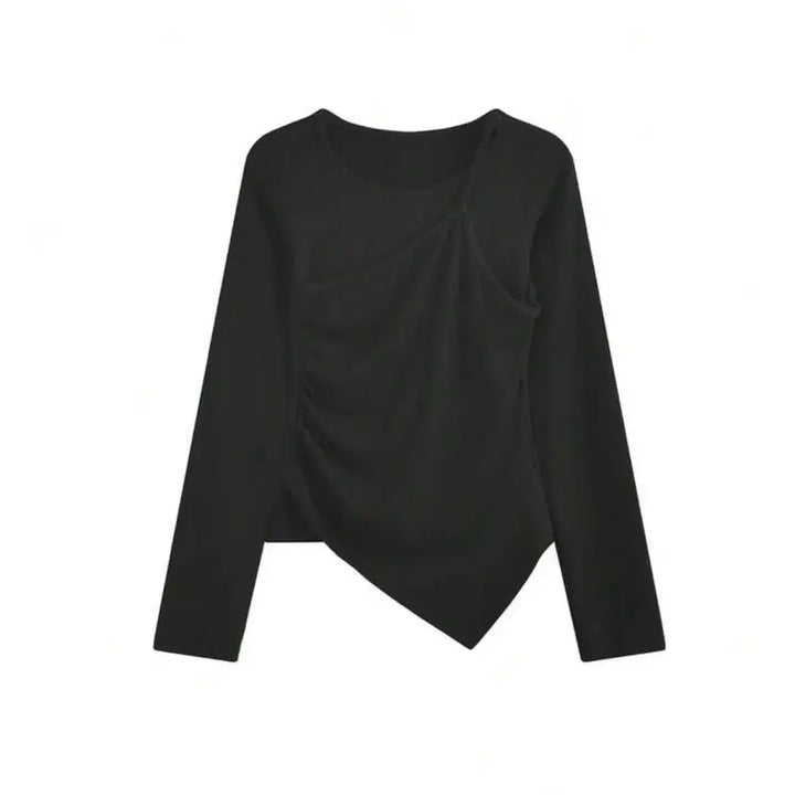 [BUNJANG] Black Shirring Asymmetrical Layered Long Sleeve T-Shirt / 블랙 셔링 언발란스 레이어드 긴팔티