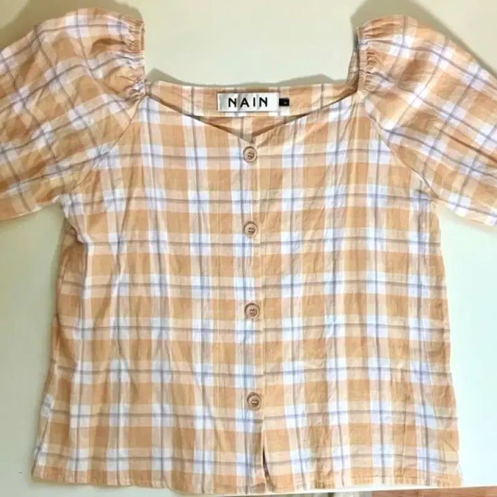 [BUNJANG] NINE SQUARE Check Shoulder Blouse Orange / 나인 스퀘어 체크 숄더 블라우스  오렌지