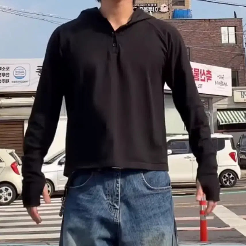 [BUNJANG] Manhattan Project Henley Neck Hoodie Black / 맨허튼프로젝트 헨리넥 후드티 블랙(새상품)