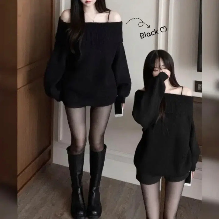 [SOLD OUT] 에이블리 아방핏 오프숄더 오버루즈핏 미니원피스 기장의 롱니트