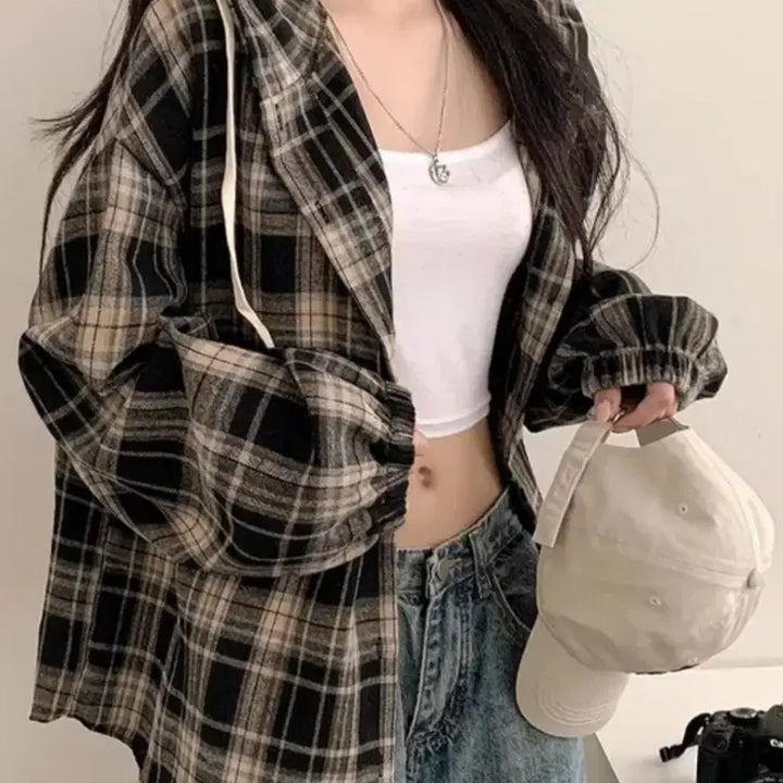[SOLD OUT] 워니 배색 단추 오버핏 후드 긴팔 체크 남방