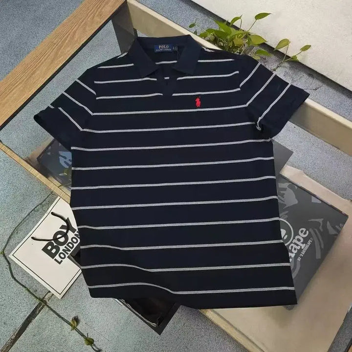 [BUNJANG] Ralph Lauren Classic Embroidered Logo Striped T-shirt / 랄프 클래식 자수 라이더 로고 비즈니스 스트라이프 캐주얼 반팔티