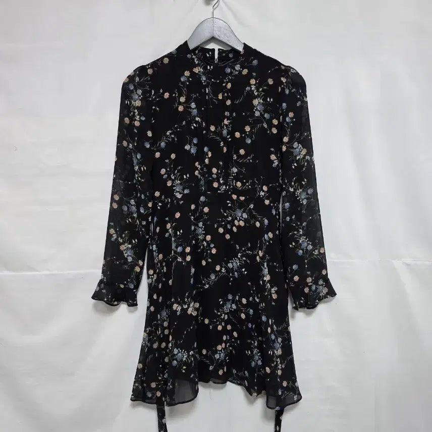 [BUNJANG] Black Floral Long Sleeve Chiffon Dress / 블랙 플라워 롱 슬리브 쉬폰 원피스 여 85. 0326
