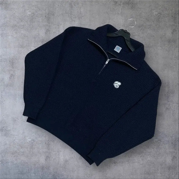 [BUNJANG] Ebbets Field Small Logo Navy Half Zip-up Knit / 이벳필드 스몰 로고 네이비 하프 집업 니트