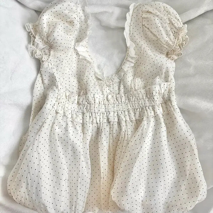 [BUNJANG] Dot Puff Blouse Balloon Top / 대대장 도트 퍼프 블라우스 벌룬탑 로걀탑 바닐라