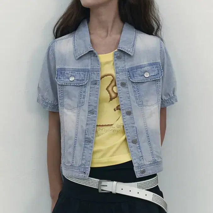 [BUNJANG] Kirsh String Point Short Sleeve Denim Jacket Blue / [새상품] 키르시 데님 자켓 스트링 포인트 숏 슬리브 데님 자켓